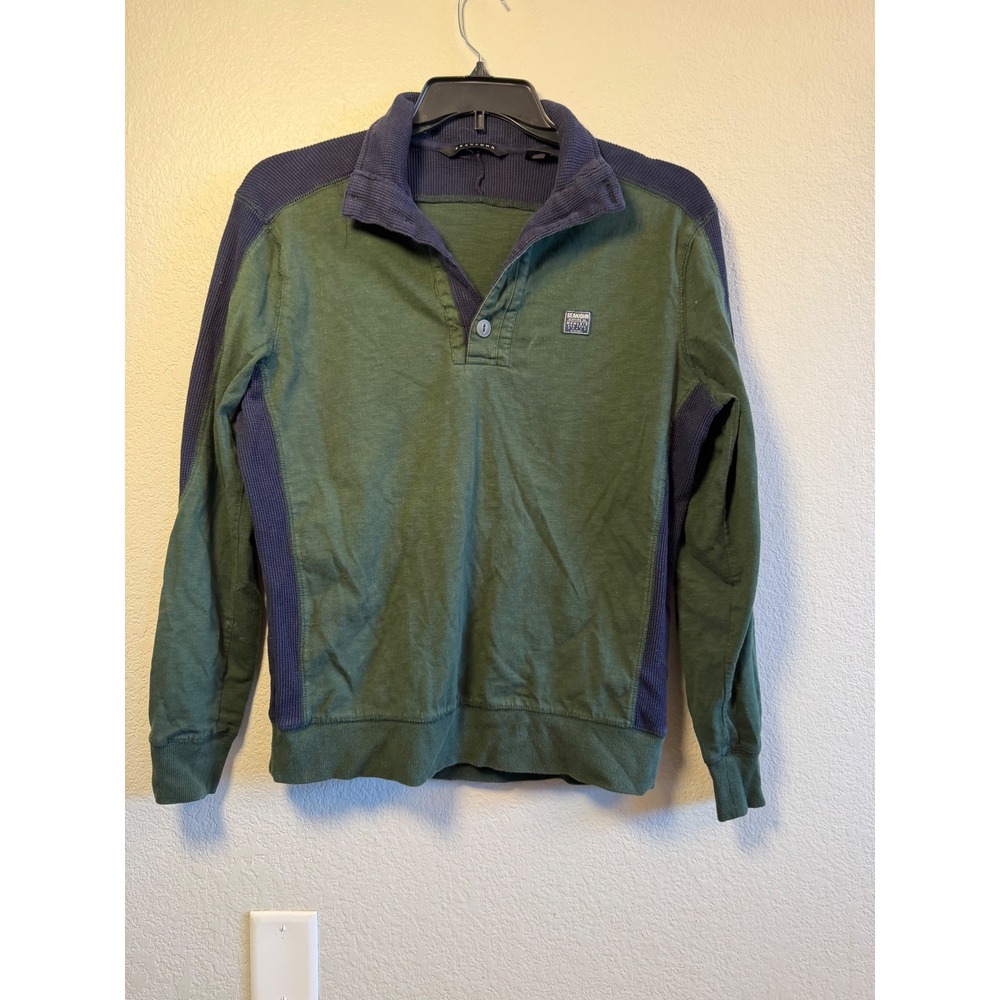 Sean John Mens Green Navy Waffle Knit Mixed Media Pullover Shirt Medium